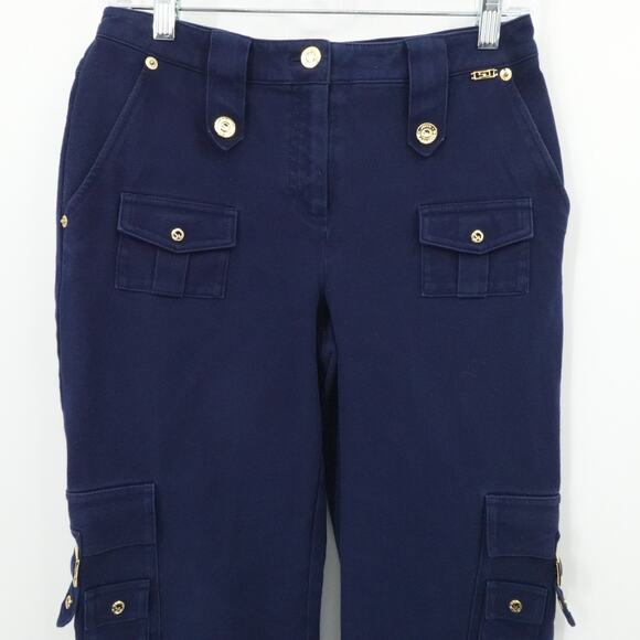St John Sport Pants Womens 2 Navy Blue Cargo Utility Gold Button Pockets Stretch - Picture 8 of 13